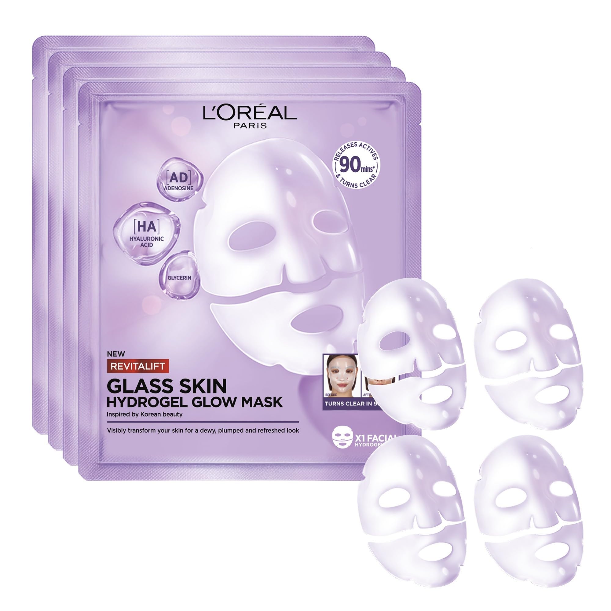 L'Oréal Paris Revitalift Filler Glass Skin Hydrogel Intense Hydration Face Mask with Hyaluronic Acid, Inspired by Korean Skincare - Pack of 4 - Image 1