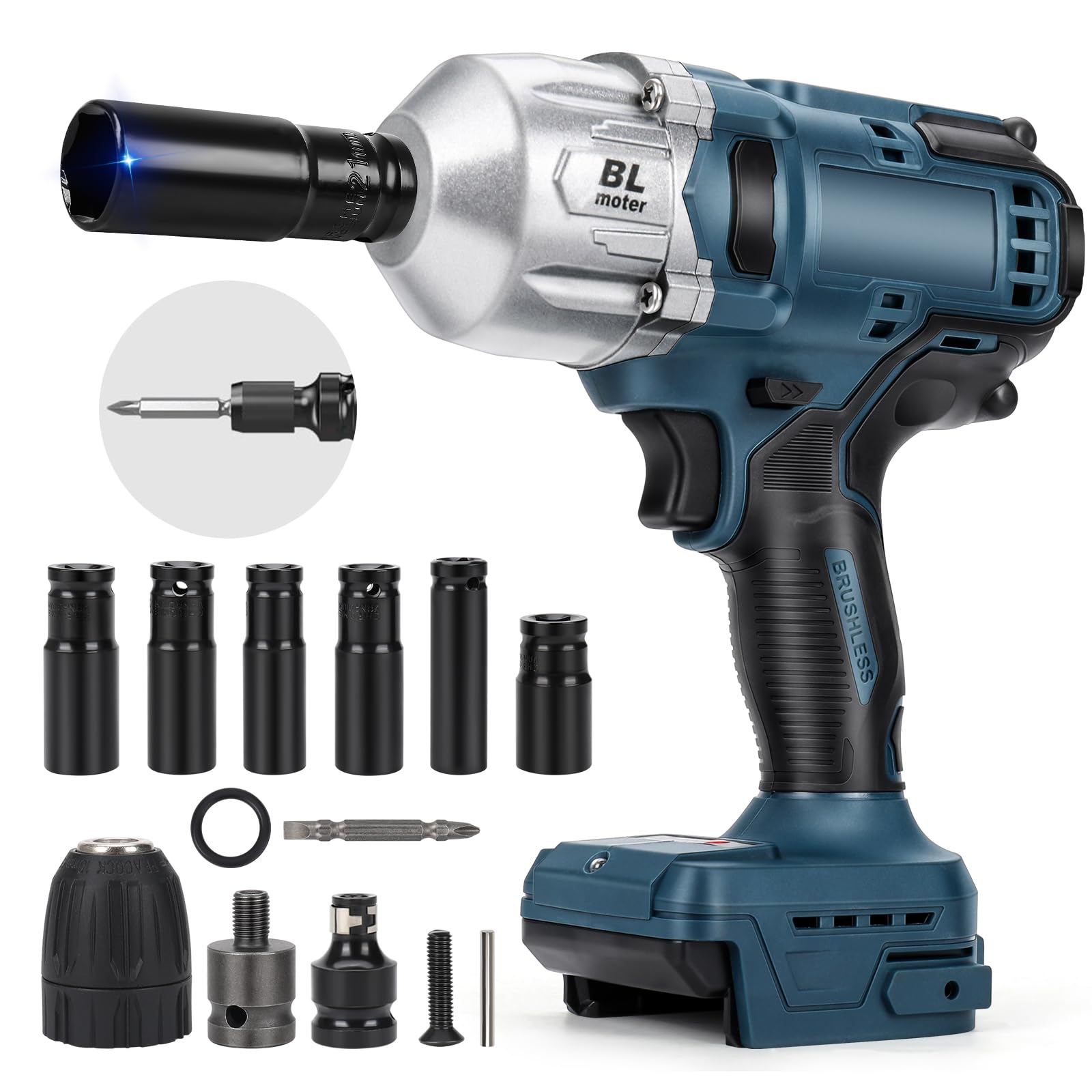 1000Nm Cordless Impact Driver Compatible with Bosch Professional 18V GBA/GBA ProCORE18V Lithium Battery, 1/2" Brushless Impact Wrench with 6 Sockets (No Battery) - Image 1