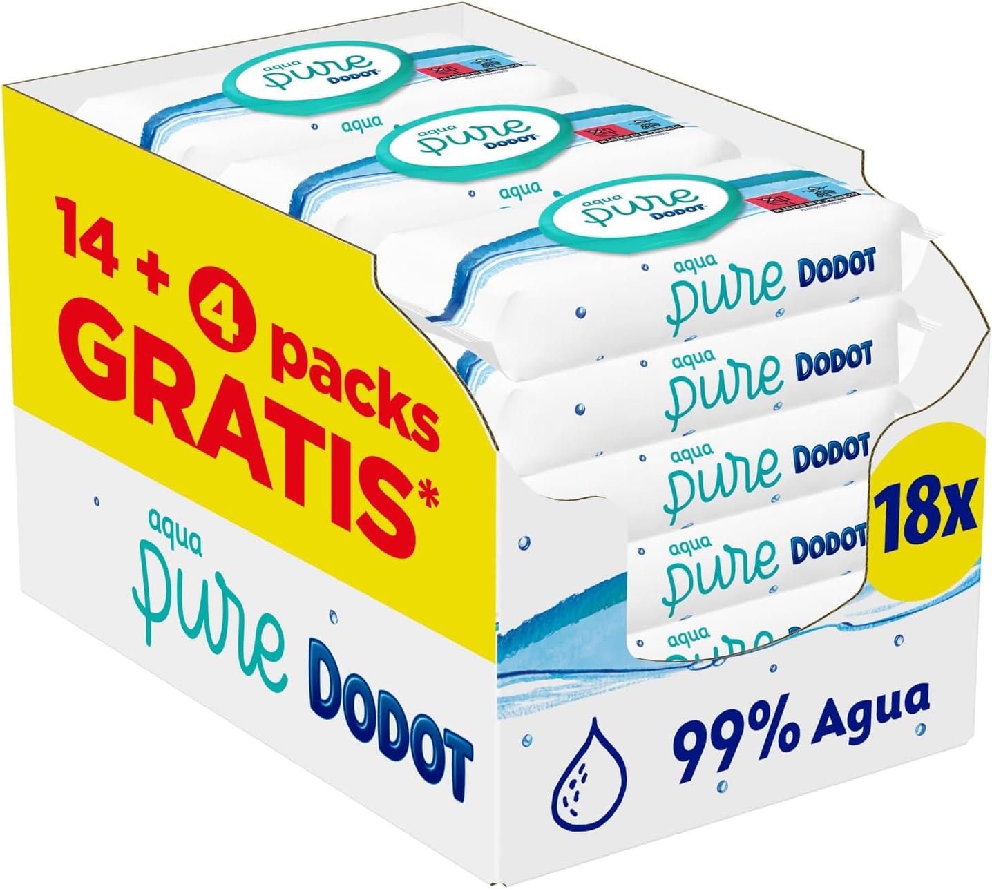 Dodot Aqua Pure Baby Wipes, 99% Water, 864 Wipes, 18 Packs (18 x 48) - Image 1