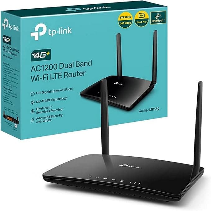 TP-Link Archer MR550 4G+ Cat6 Router Up to 300Mbps, Wi-Fi AC1200 Bi Band, Gigabit LAN / WAN Port, MU-MIMO, Accounts with All Nano SIM, Up to 64 Devices, TP-Link OneMesh
