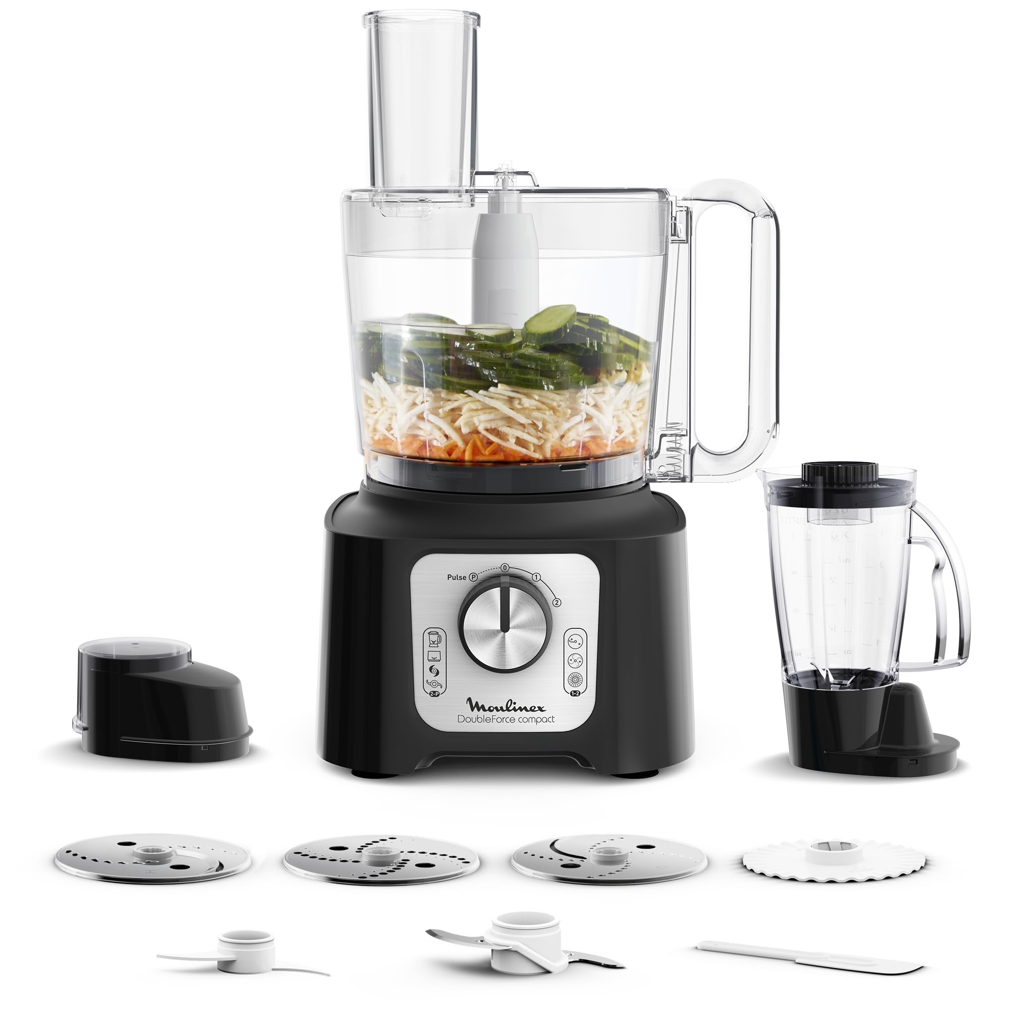 Moulinex Double Force Compact Multifunctional Kitchen Processor, 3 L, 800 W, 2 Speeds + Pulse, 9 Accessories, Blender, Chopper, Graters, Black FP546811 - Image 1
