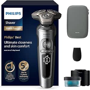 Philips Shaver S9000 Prestige, rasoir électrique Wet&Dry, chrome brillant, système de rasage Lift & Cut, technologie SkinIQ, tondeuse de précision, Quick Clean Pod, pochette premium, modèle SP9841/32 - Image 1