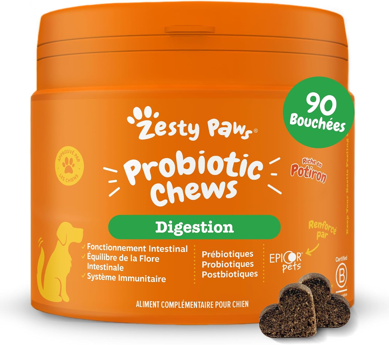 Zesty Paws Probiotic - Complément pour Chien sous Forme de friandise - Probiotique Chien - Système Immunitaire - Combinaison inédite prébiotiques, probiotiques et postbiotiques - 90 Unités - Image 1