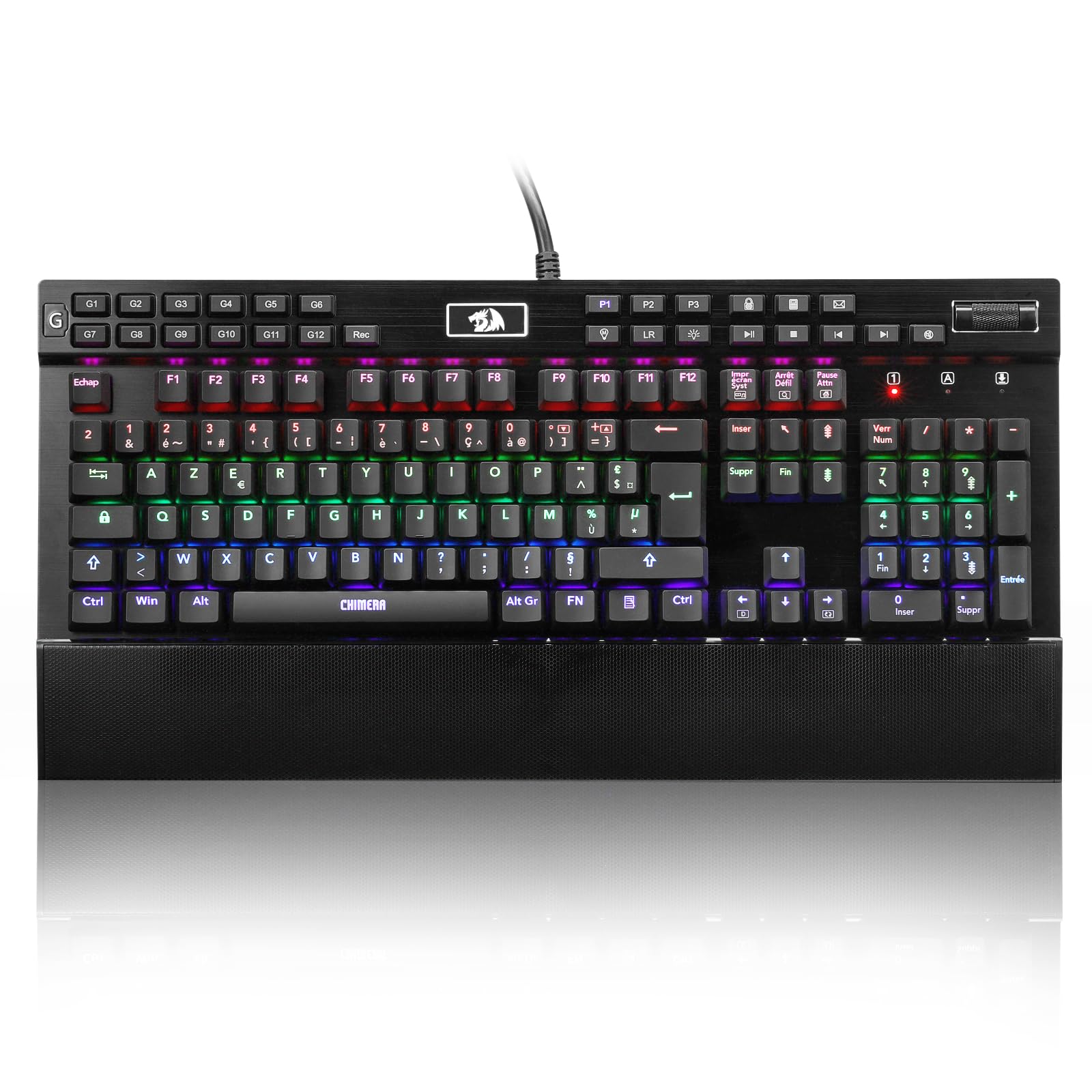 Redragon K550 RGB AZERTY Gaming Keyboard, 104 Keys + 12 Macro G Keys, Wired Mechanical Keyboard, Aluminium Top Plate, Purple Clickable Switch, 2 USB Ports, Wrist Rest, Black - Image 1