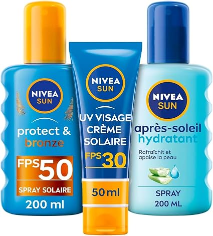 NIVEA Sun Sun Routine Protect & Bronze Sun Spray SPF 50 200 ml + Face Sunscreen SPF 30 30 ml + After-Sun 200 ml - Moisturises & Soothes - Tan Skin Tone - Pro-Melanin & Organic Aloe Vera - Image 1