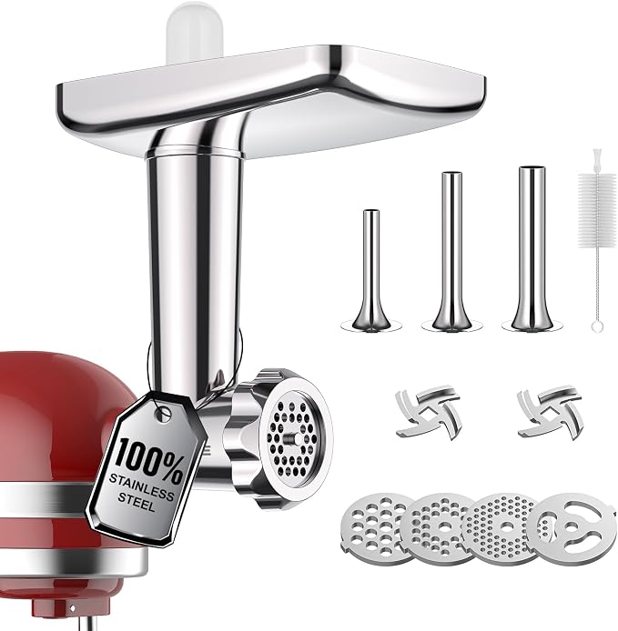 GVODE Acier Inoxydable Hachoir à Viande pour KitchenAid Robot Pâtissier, y Compris le Remplisseur de Saucisses, Parfait Accessoire de Hachage de Viande pour Les Batteurs pour KitchenAid - Image 1