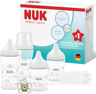 NUK Perfect Match Perfect Start Ensemble de biberons | 0-6 mois | 4 biberons anti-coliques (150 ml, 260 ml), 1 sucette Perfect Match Air, 1 goupillon | Arc-en-ciel | Lot de 6 - Image 1