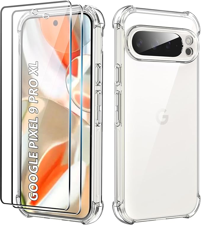 Case for Google Pixel 9 Pro XL with 2 PC Tempered Glass Screen Protector, Transparent Soft TPU Silicone Case with Camera Case, Shockproof - Image 1