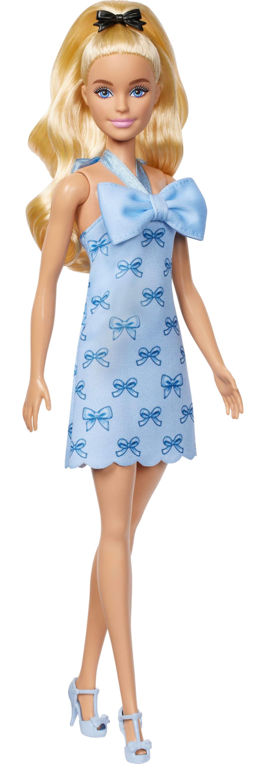 Barbie Barbie Fashionistas Baby Blue Halter Dress Doll with Blonde Wavy Ponytail, Black Bow and Matching Blue Heels - Image 1