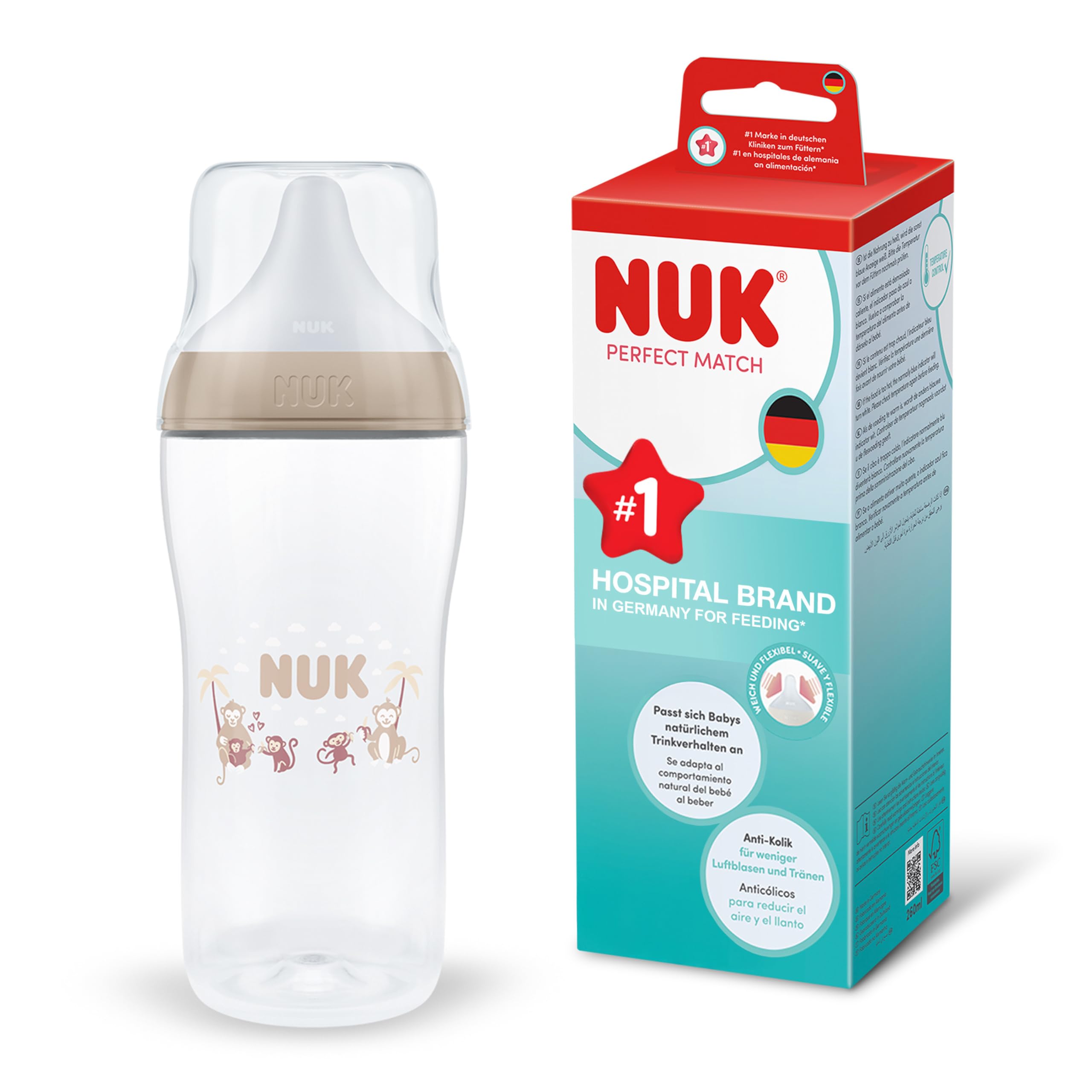 NUK Perfect Match Baby Bottle | 6+ Months | 360ml | Anti-Colic Bottle | PP | Temperature Control Indicator | Monkey | Pack of 1 - Image 1