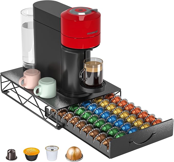 Metal Nespresso Vertuo Capsule Holder, Storage for 50 Nespresso Vertuo Capsules and 50 Dolce Gusto Capsules - Drawer Organizer and Stand for Coffee Machine - Image 1