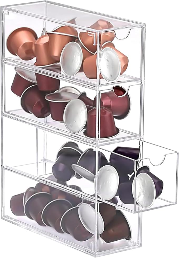 1 x Acrylic Coffee Pod Storage Box with 4 Drawers Clear Coffee Pod Holder 24.7 x 17.5 x 6.5 cm Compatible with Nespresso Capsules Organizer - Image 1