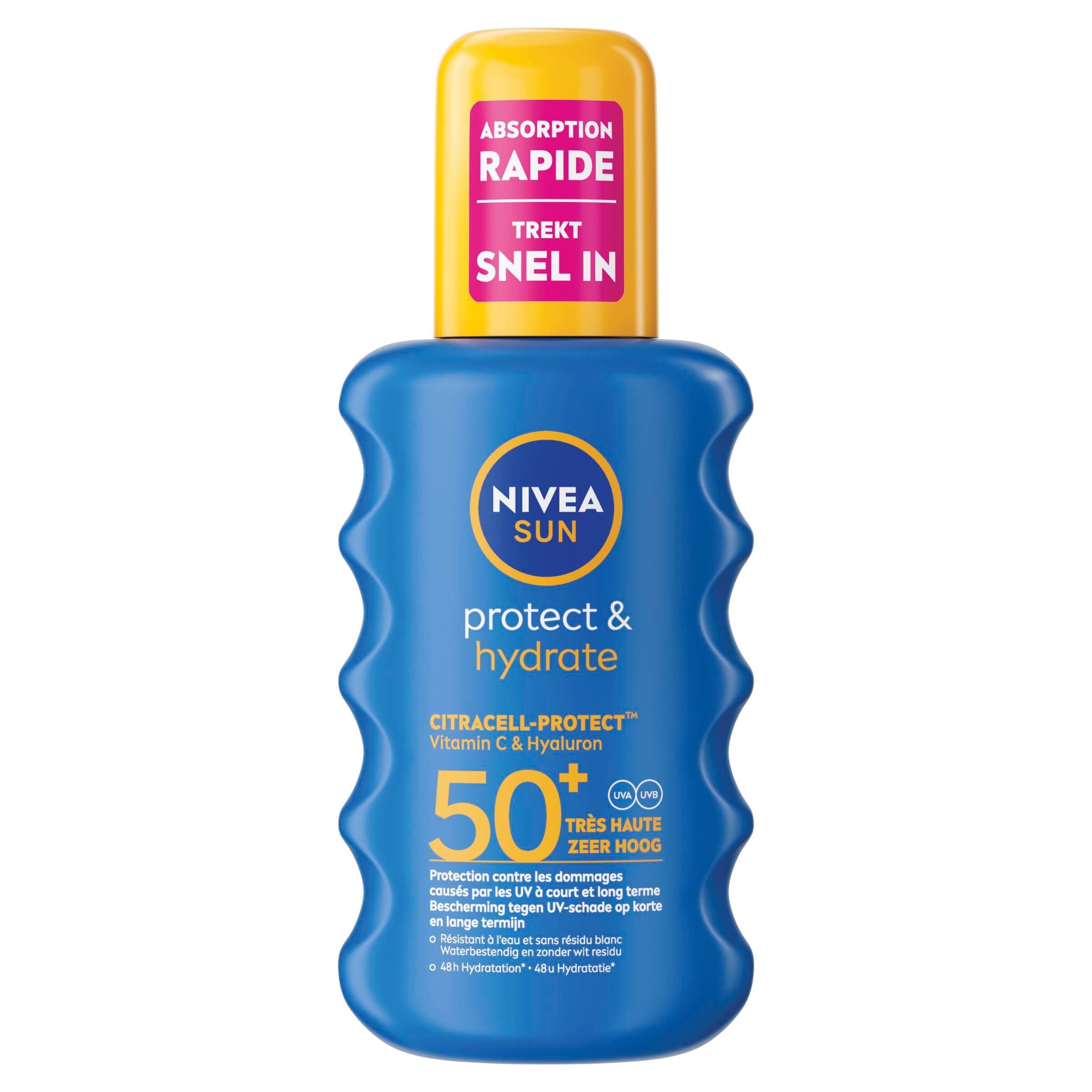 NIVEA SUN Spray Solaire Protect & Hydrate SPF 50+ 200 ml — Crème Solaire résistante à l'eau — Protège et Hydrate — Haute Protection Visage et Corps