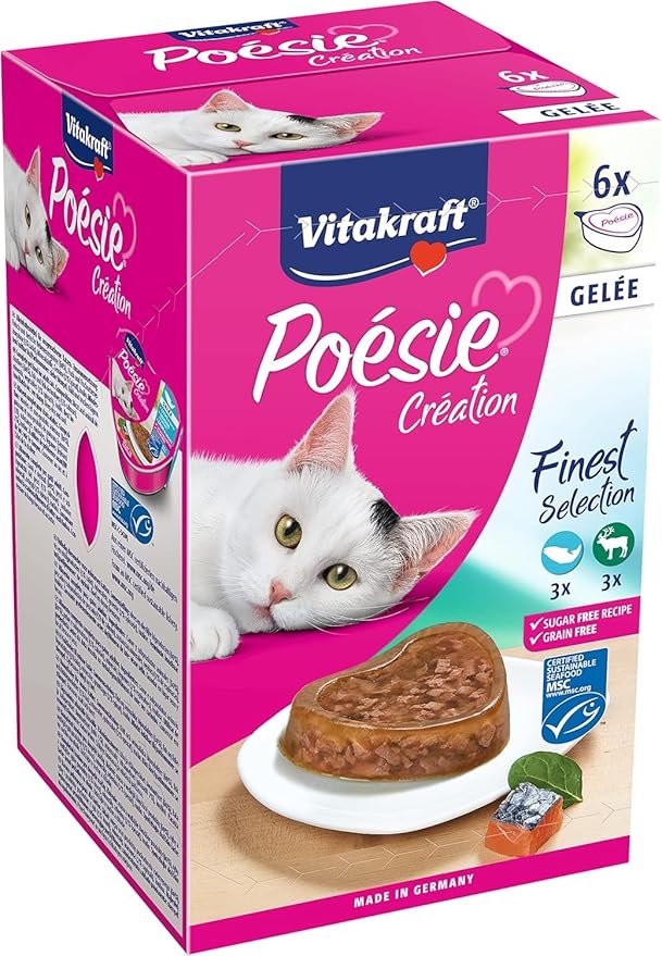 Vitakraft Poetry Création, finest selection, wet cat pate, salmon and spinach jelly, with game and cranberry jelly, no added sugar or cereals (1 pack 6x 85g) - Image 1