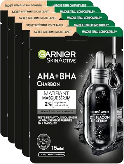 Garnier Skin Active Pure Charcoal, Purifying & Moisturizing Cloth Mask for Normal to Combination Skin, Matting Detox Effect with Charcoal, Hyaluronic Acid, LHA & Black Tea, Pack of 5 - Image 1