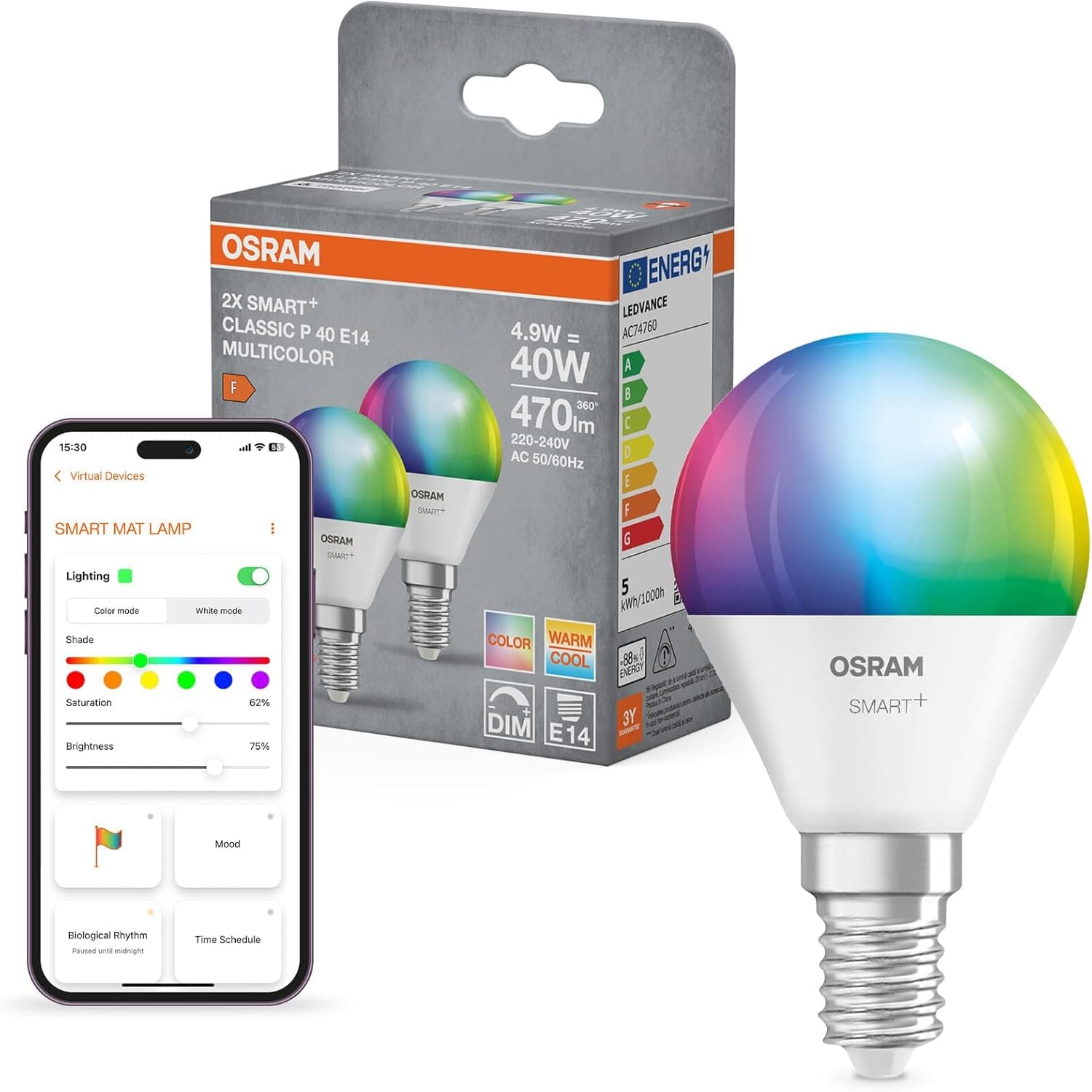 OSRAM SMART+ Ampoule goutte RGB (lot de 2, E14, 9W) – 16M couleurs – lumière réglable – Matter via Wi-Fi – Alexa, Google, Apple
