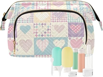 KLL Trousse à maquillage avec fermeture éclair Motif cœurs et vichy - Image 1