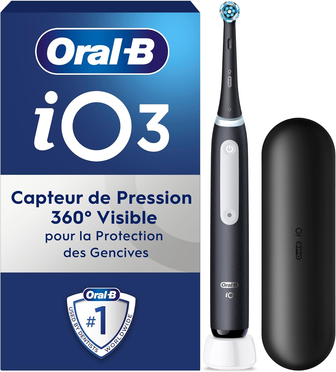 Oral-B Brosse A Dents Electrique iO 3 Noire, 3 Modes De Nettoyage Dont Blancheur, Brossage Silencieux, Capteur De Pression, Brossette De Rechange Oral B, Embout Rond, Chargeur, Etui De Voyage - Image 1