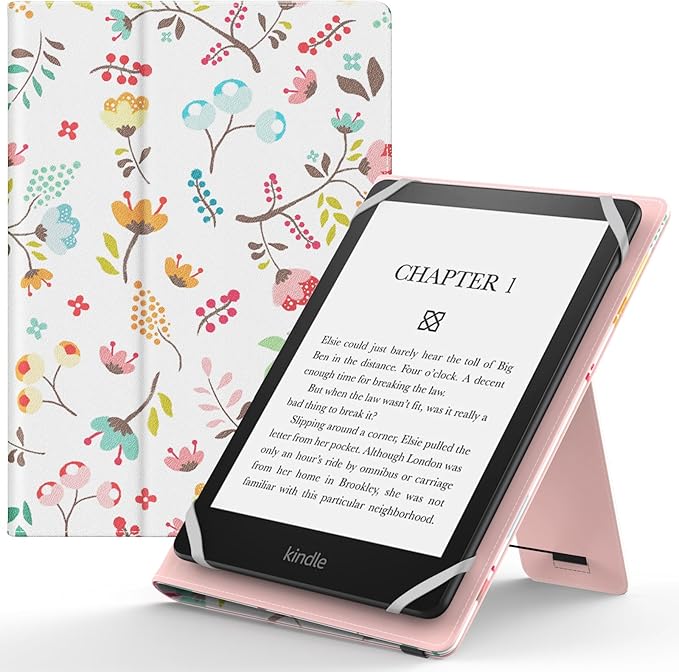 MoKo Universal Case for 6 Inch 6.8 Inch 7 Inch Kindle eReaders Fire Tablet - Kindle/Kobo/Voyaga/Lenovo/Sony Kindle E-Book E-Reader Tablet, PU Case with Adjustable Stand and Hand Strap, Shiny Flowers - Image 1