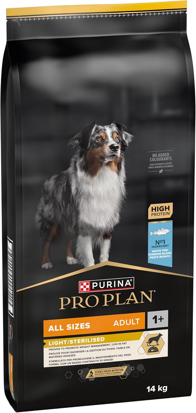 PURINA Pro Plan | Light/Sterilized | Adult Dog | All Sizes | Protein Dry Food | White Fish | Promotes Weight Management | Bag | 14 kg - Image 1