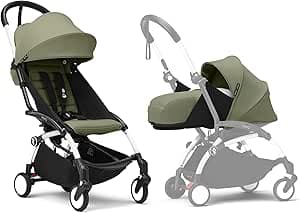 Stokke YOYO3 Stroller with Newborn and Colour Pack 6+ - Includes White Frame, YOYO 6+ Colour Pack (Olive) and Newborn 0+ Pack (Olive)