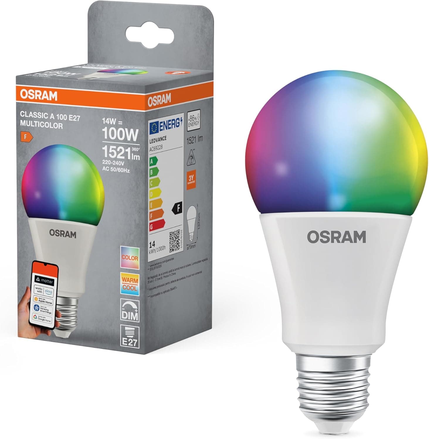 OSRAM SMART+ RGBW, lampe LED E27 avec Matter over Wifi, spécialement conçue pour ALEXA,remplace 100W, blanc chaud à blanc froid, 16 millions de couleurs RGB, pack de 1,non compatible avec appli SMART+