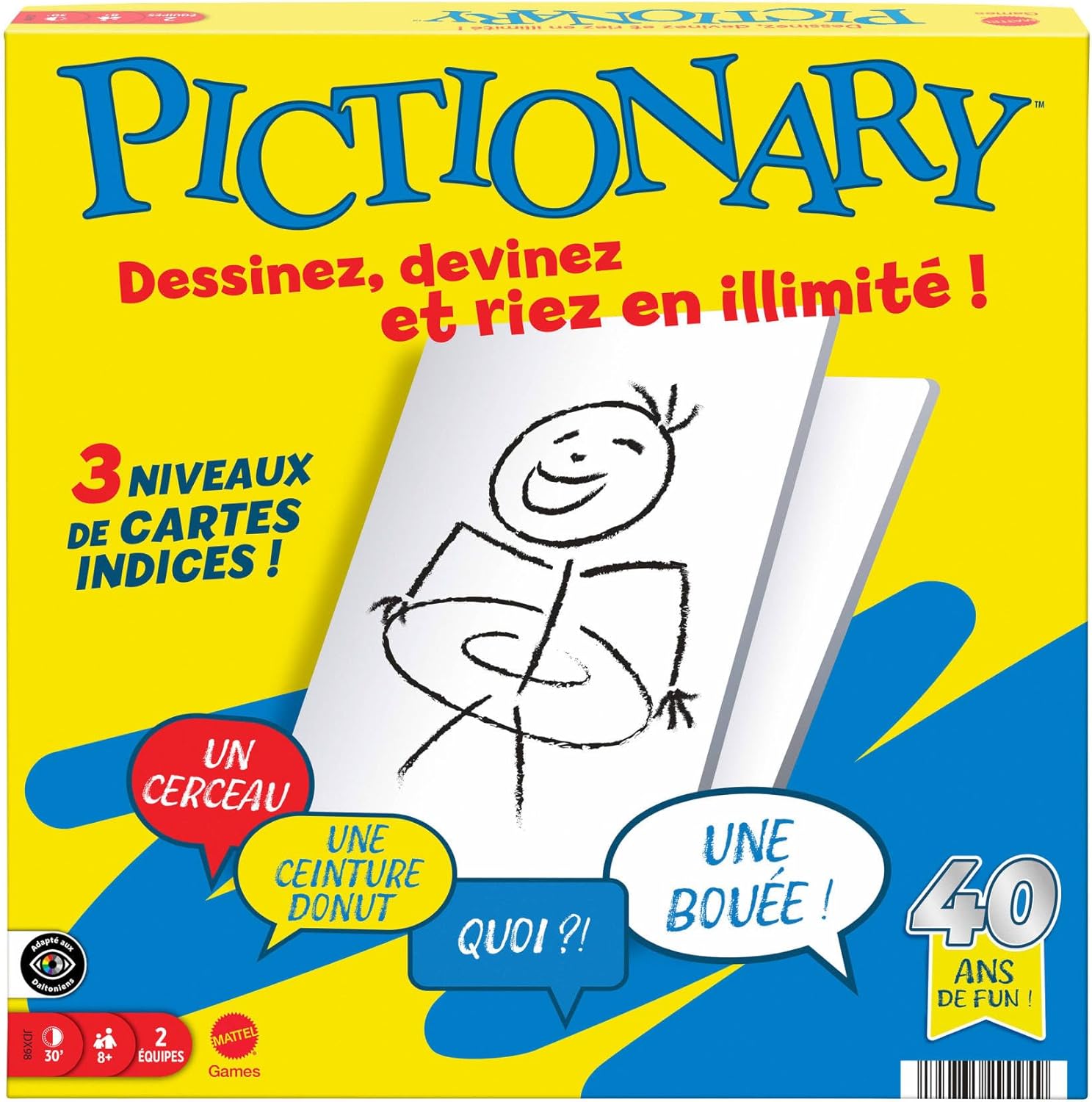 Mattel GamesPictionary Jeu de société familial pour enfants et adultes, soirée jeux pour 2 équipes, avec feutres et ardoises effaçables et sablier, Versión en Francés, JDX98 - Image 1