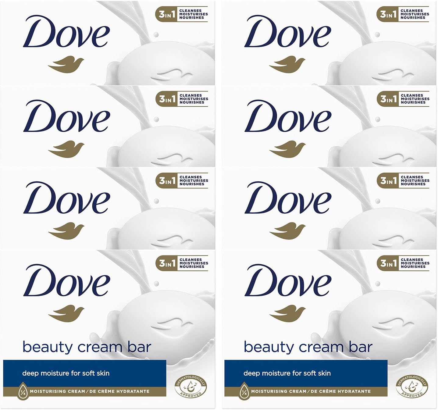 Dove Original 3 in 1 Beauty Cream Bar Cleans, Moisturizes and Nourishes Sulfate Free Bath Soap for Soft and Smooth Skin, Suitable for Daily Use, 8x90g - Image 1