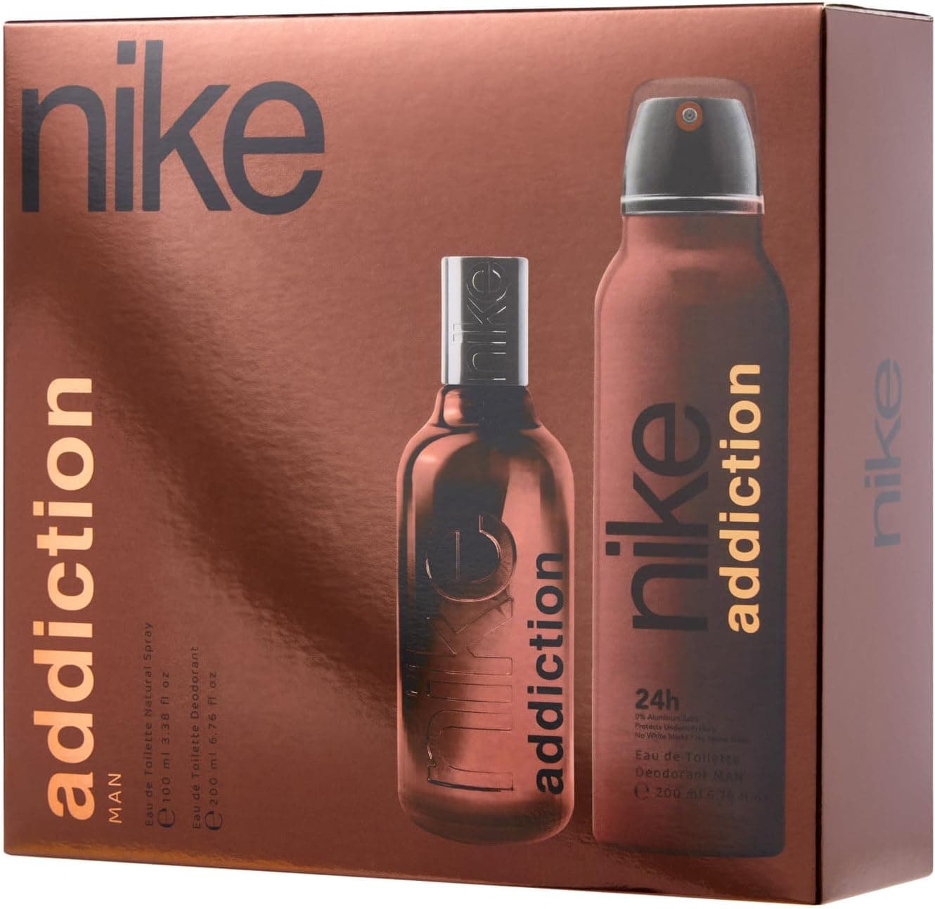NIKE - Addiction Man Promotion Parfum 100 ml + Déodorant 200 ml, Eau de Cologne et Déodorant pour Homme, Parfum Spray, Eau de Toilette Naturelle, Arôme Fruité de Poire, Figue et Mandarine