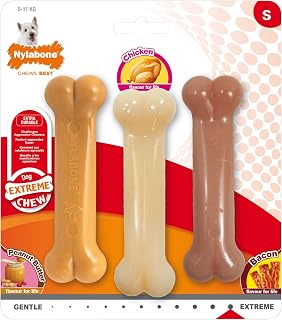 Nylabone Jouet à mâcher résistant Dura, lot de 3, en forme d’os, arômes beurre de cacahuète, poulet et bacon, pour les petits chiens (jusqu’à 11kg), Chiens à mâchouillage puissant/extrême - Image 1