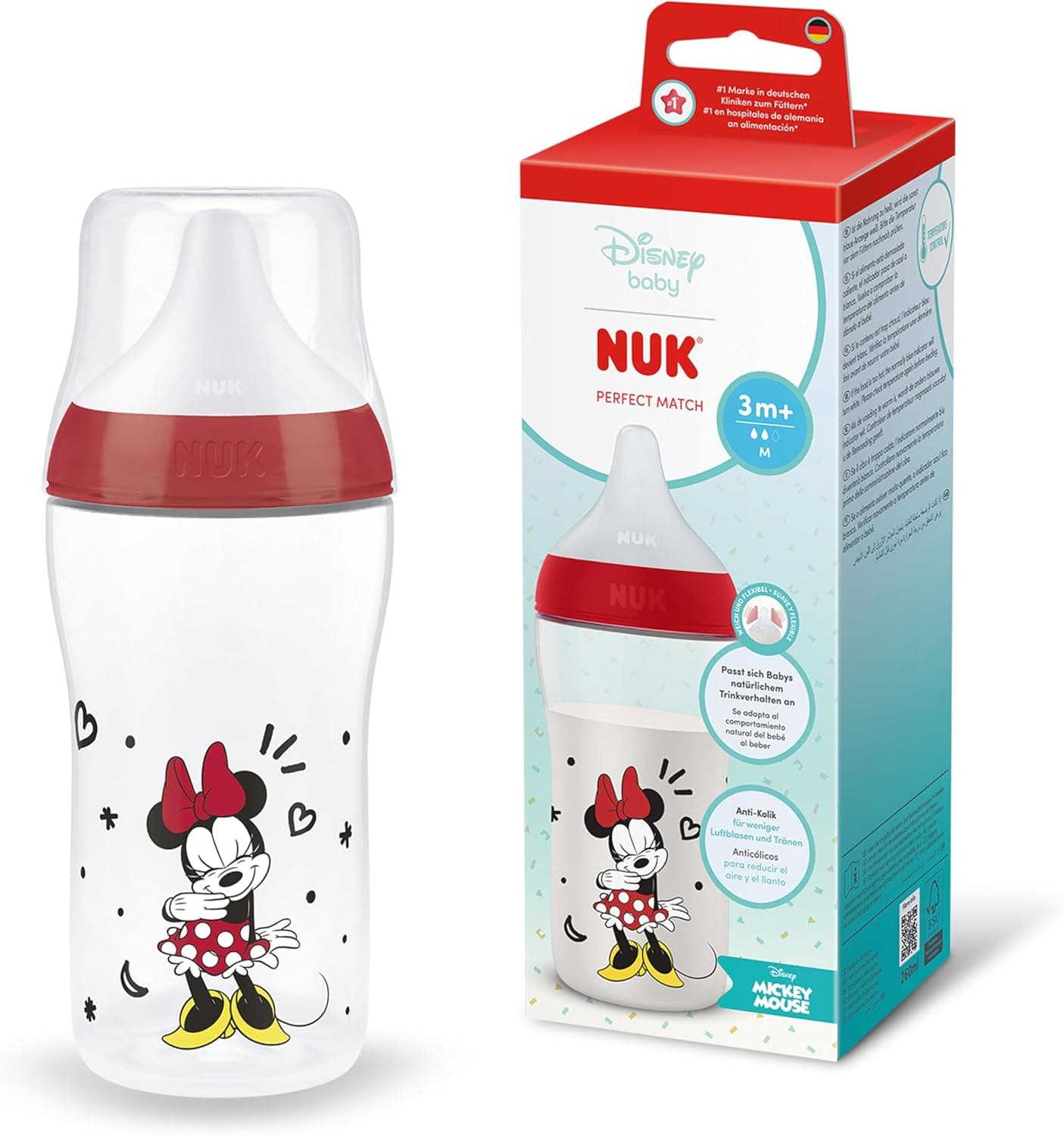 NUK Perfect Match Baby Bottle | 3+ Months | 260ml | Anti-Colic Bottle | PP | Temperature Control Indicator | Disney Minnie Mouse | Pack of 1