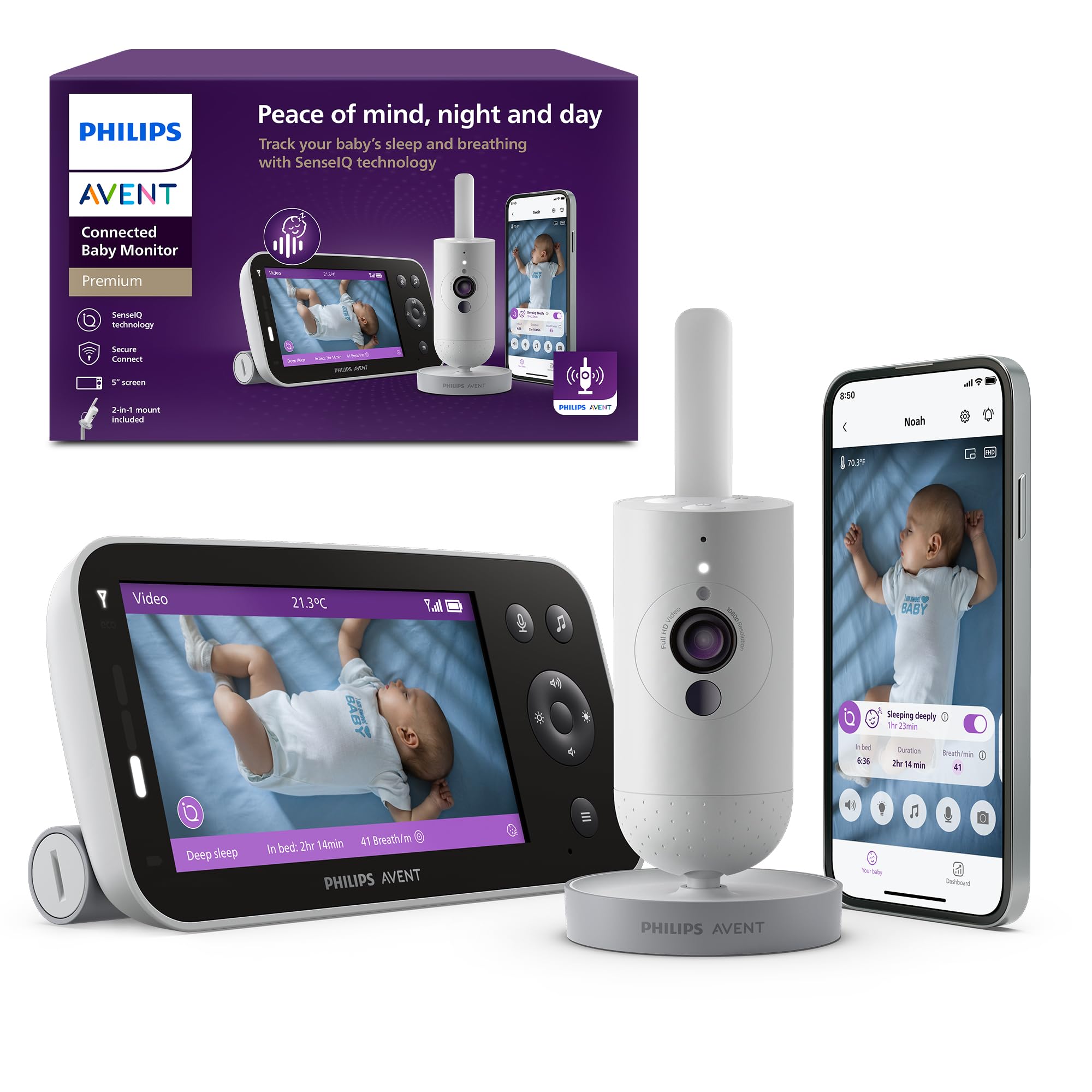 Philips Avent Babyphone vidéo connecté HD, moniteur Avent le plus avancé à ce jour, suivi IA du sommeil et de la respiration, application, affichage jour et nuit ultra-clair, SCD973/26 - Image 1