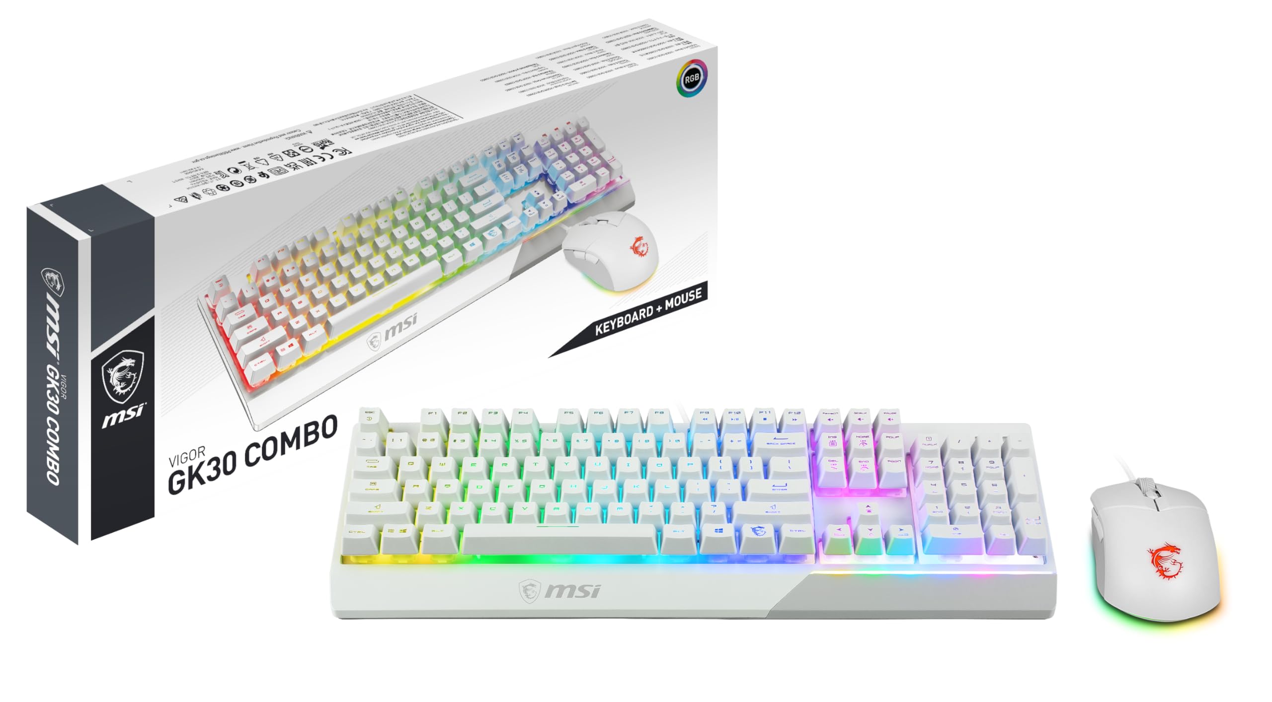 MSI Vigor GK30 Combo White FR Keyboard + Gaming Mouse - Full Size AZERTY Keyboard and Clutch Mouse GM11, Wired, RGB Mystic Light, White - Image 1