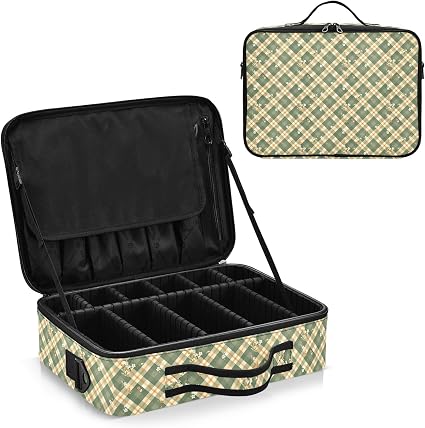 junzan Grand sac de rangement de maquillage vichy plat avec séparateurs et sangle réglable, vert sauge, 14.6 x 10.6 x 4.7 inches, Coloré - Image 1