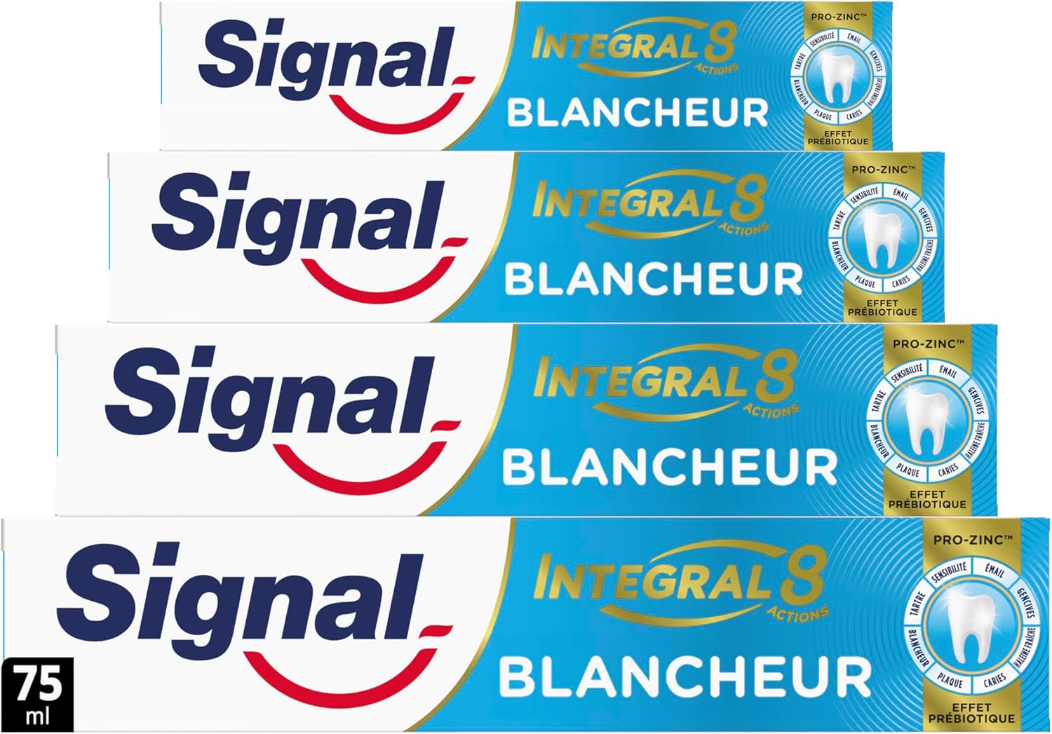SIGNAL - Dentifrice Blancheur integral 8 blancheur effet prébiotique - Protection Complète 3x plus efficace -96% d'ingrédients d'origine naturelle (lot de 4x75ml) - Image 1