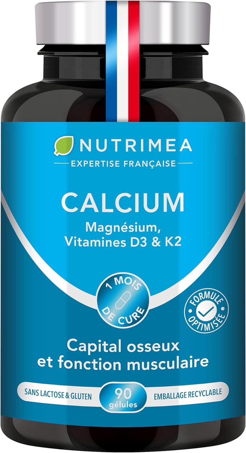 Calcium, Magnesium and Vitamins D3 & K2 - Bone Health Complex - Strengthens Bones and Muscles - Supports Bone Density - 90 Vegan Capsules - Nutrimea - Made in France
