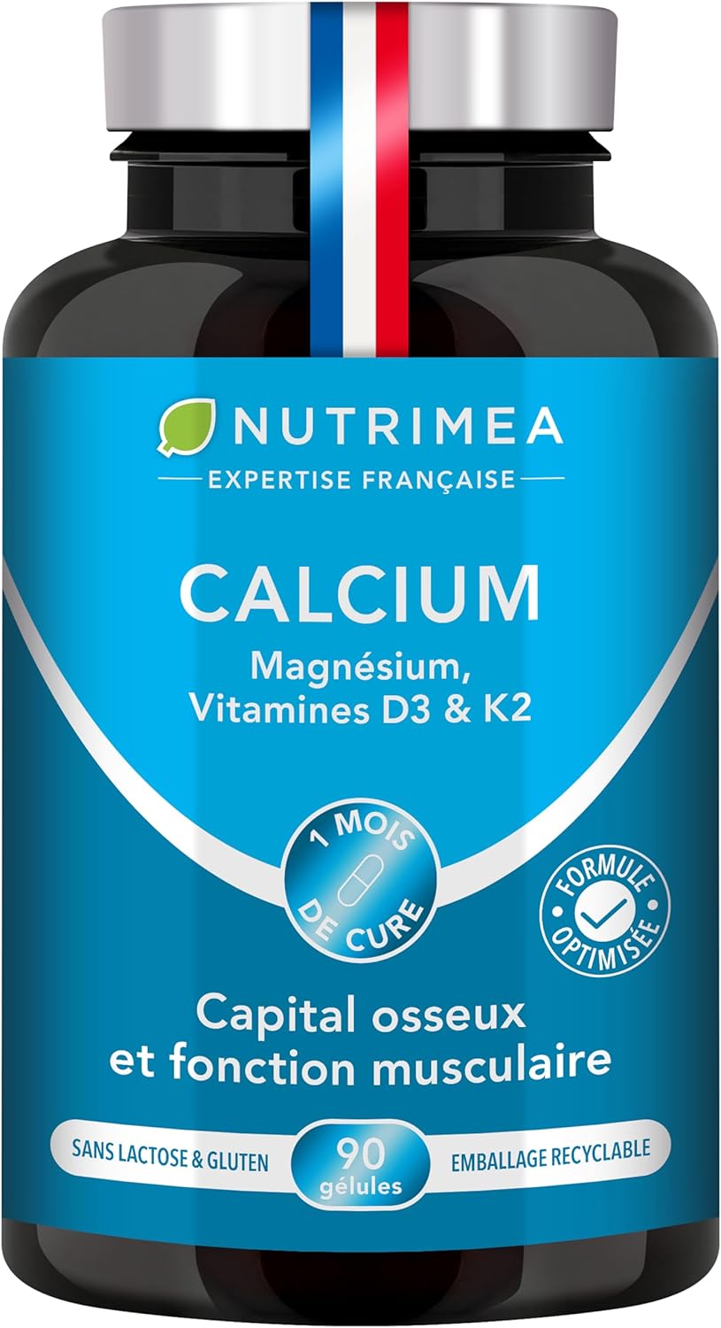 Calcium, Magnesium and Vitamins D3 & K2 - Bone Health Complex - Strengthens Bones and Muscles - Supports Bone Density - 90 Vegan Capsules - Nutrimea - Made in France - Image 1