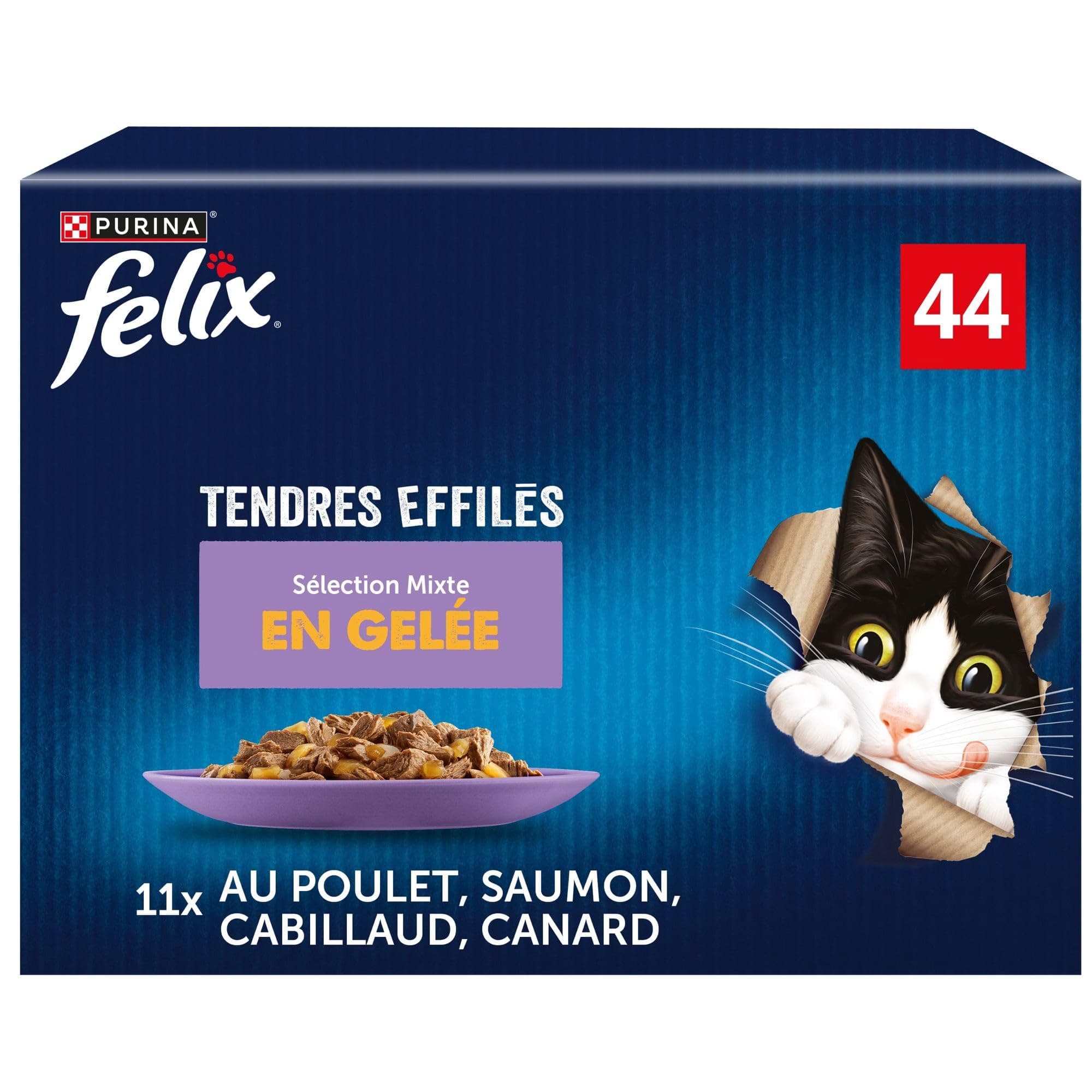 FELIX | Tendres Tapered | Jelly | Adult Cat | 100% Complete and Balanced Recipe | Selection with Salmon, Chicken, Duck and Cod | Fresh Sachets | Box of 44 x 85g