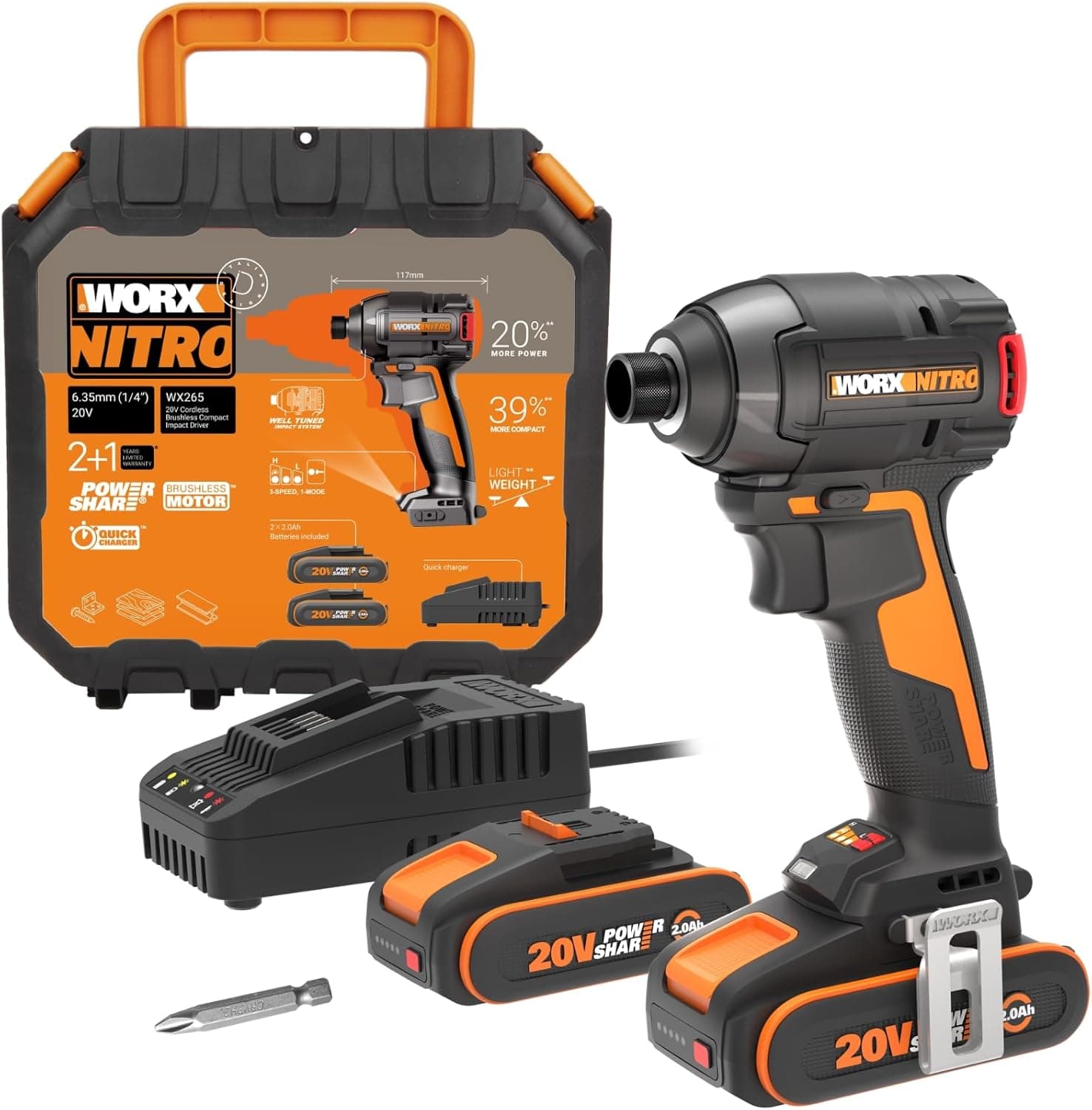 WORX Visseuse à chocs sans Fil 20V WX265, Couple Max de 200 Nm, 3 Vitesses, Moteur Brushless, Applications Multiples, Compacte et Ergonomique, Eclairage LED, Avec 2 Batteries 2Ah et Chargeur