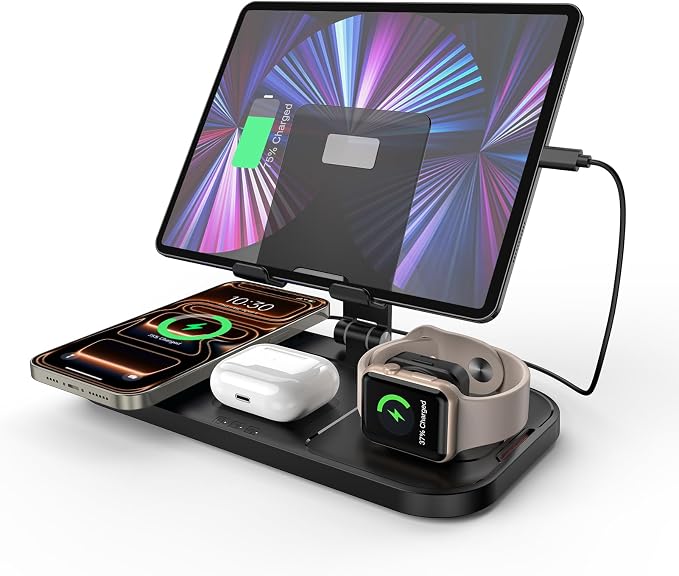 Wireless Charger for Apple 4 in 1 Wireless Charging Station for iPhone 16/15/14/13/12/11, Apple Watch 10/9/8/7/6/SE/5/4, AirPods 4 Charger, iPad Stand (Black) - Image 1
