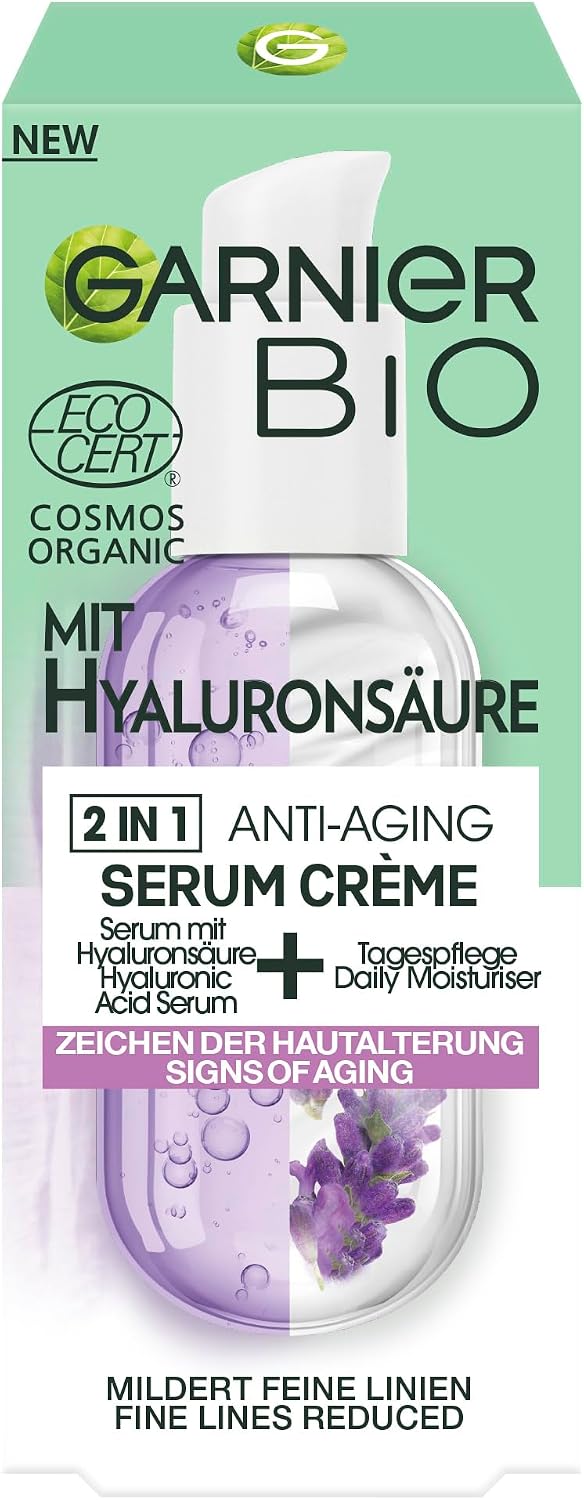 Garnier Bio 2 en 1 Sérum Crème Anti-âge Soin du Visage Anti-Âge avec Lavande Bio et Acide Hyaluronique Cosmétique Naturel pour Tous Les Types de Peau 1 x 50 ml - Image 1