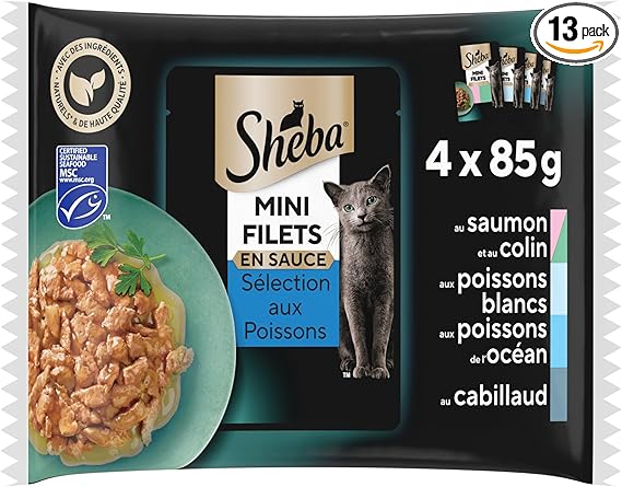 SHEBA Mini Fillets in Sauce Fish Selection Fresh Bags for Adult Cat 4 Varieties 4x85g (Packaging May Vary) - Image 1