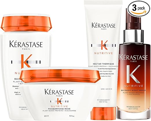 Kérastase, Nutritive, Nourishing Routine for Medium to Thick, Dry to Very Dry Hair, Rich Satin Bath Shampoo + Rich Masquintense + Thermal Nectar + 8H Magic Night Serum - Image 1