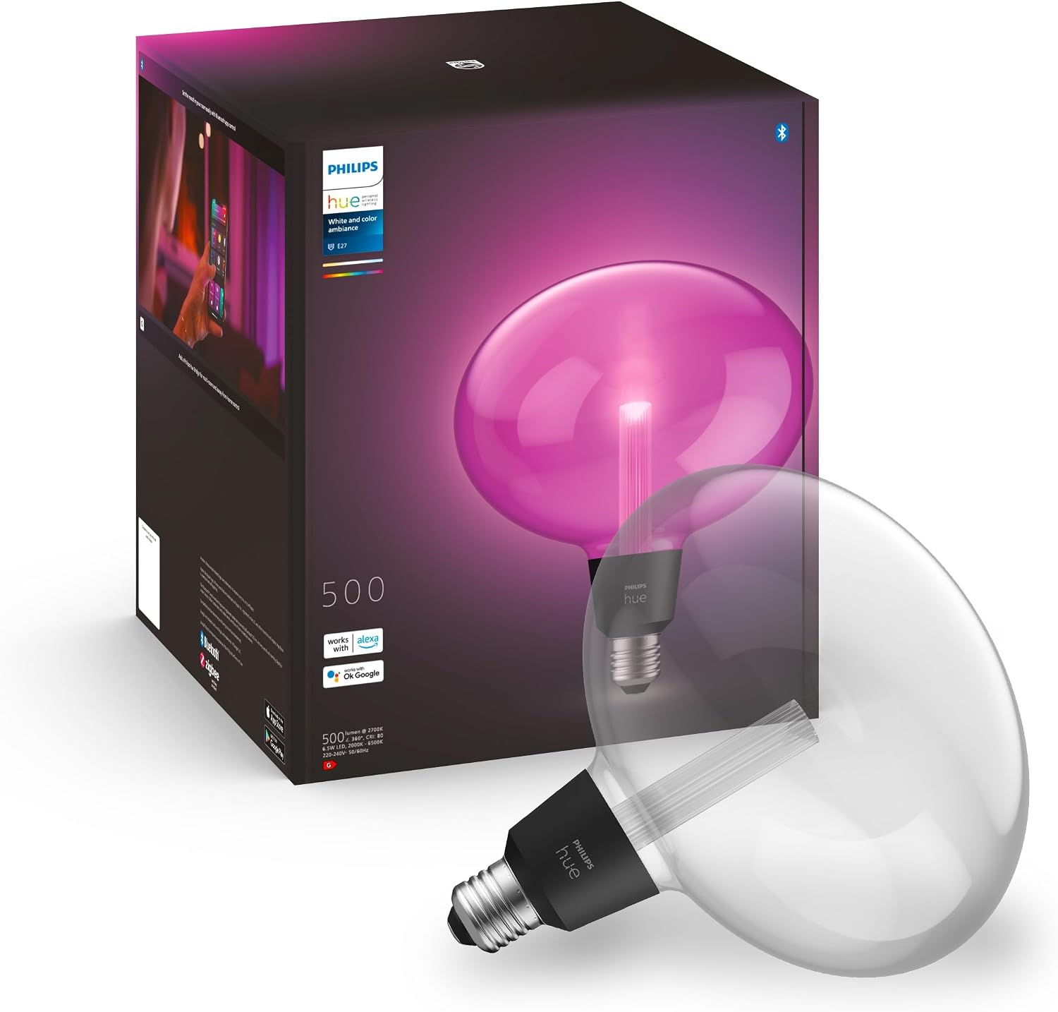 Philips Hue White and Color Ambiance, ampoule déco Ellipse E27, compatible Bluetooth, fonctionne avec Alexa, Google Assistant et Apple Homekit - Image 1