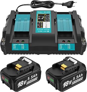 DC18RD 18V Charger + 2 Replacement 5.5Ah Batteries Compatible with Makita Battery and Charger, 18V Replacement Batteries BL1860B, BL1850B, BL1860, BL1850, BL1840 - Image 1