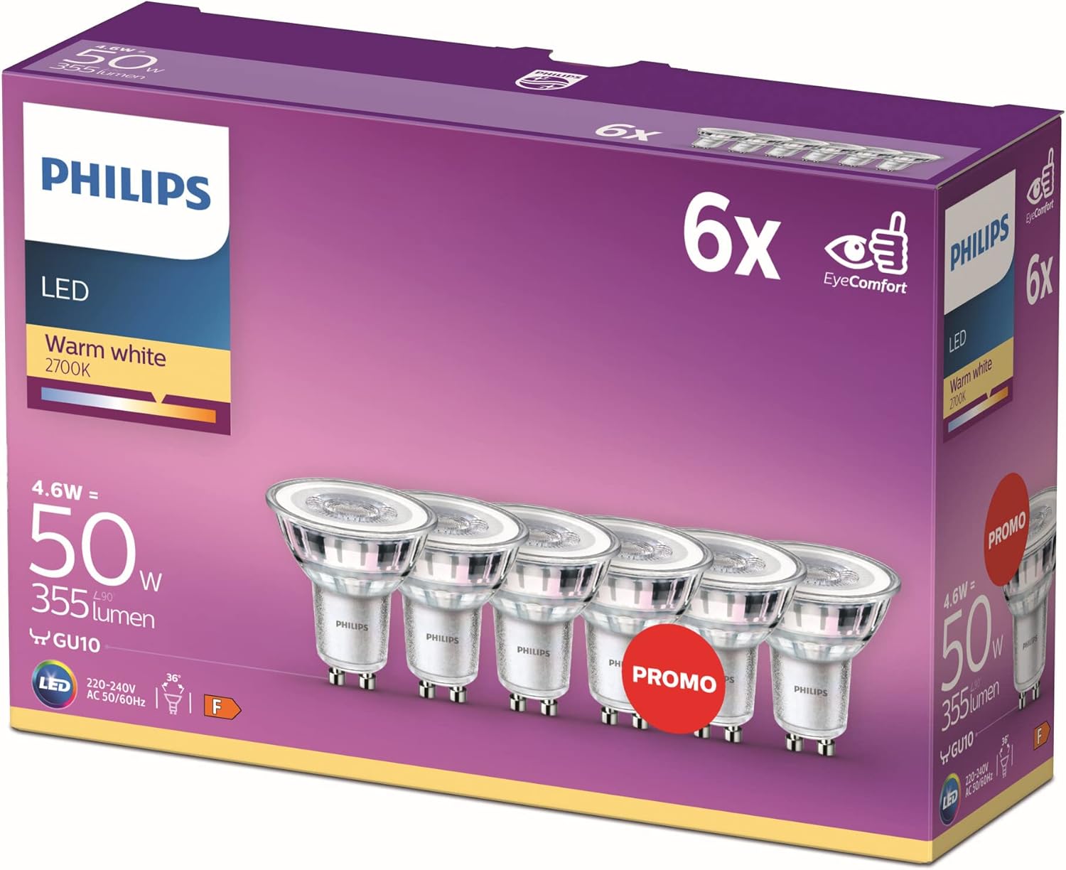 Philips LED Classic 50 W, GU10, Pack of 6, Warm White (2700 Kelvin), 355 Lumens, Reflector - Image 1