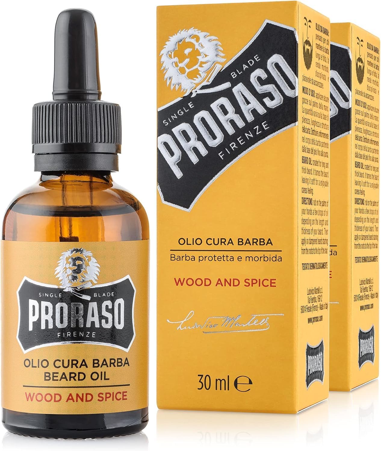 Proraso Lot de 2 huiles à barbe Wood & Spice, 2 x 30 ml, Soin visage homme qui lisse et protège, Huile pour barbe longue, Fabriqué en Italie - Image 1