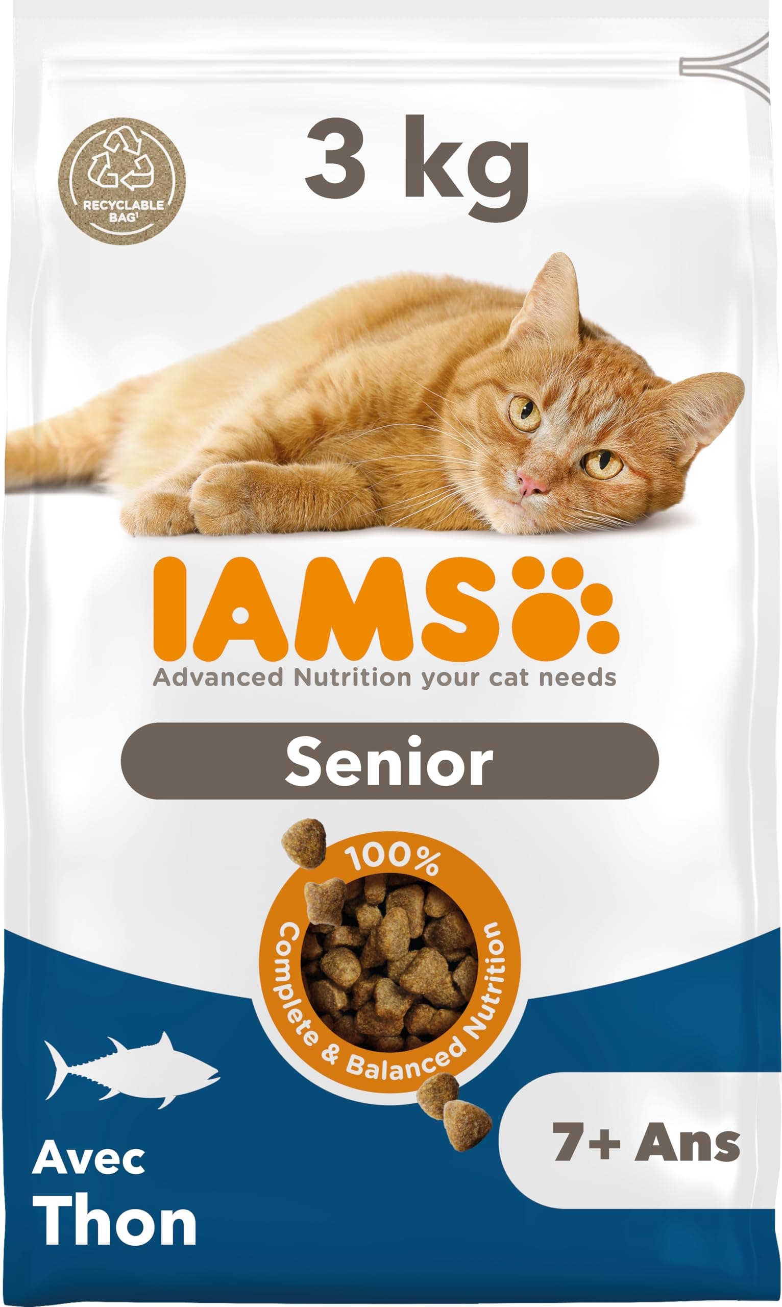 IAMS Advanced Nutrition for Senior Cats 7 Years + 100% Complete & Balanced Tuna Food - Strengthens Joints & Heart - Non-GMO Artificial Flavour Colouring - Resealable Bag 3 kg