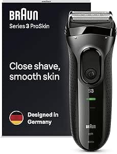 BRAUN Men's Series 3 Pro Skin 3020s Electric Beard Shaver, Black, Waterproof and Wireless, Rechargeable Grille, Precision Head for Effective Facial Shaving, Integrated Trimmer
