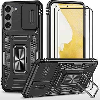 Coque pour Samsung S22 Plus étui avec 2 Verre Trempé Support magnétique Armure Robuste Antichoc Silicone avec Couvercle de caméra Coulissant Bumper-Noir - Image 1